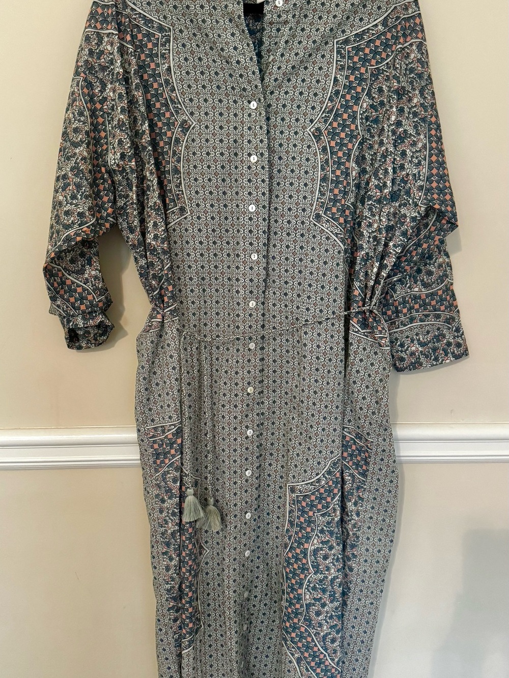 Cleobella Floral Geometric Button-Up Blouse in Cream and Blue